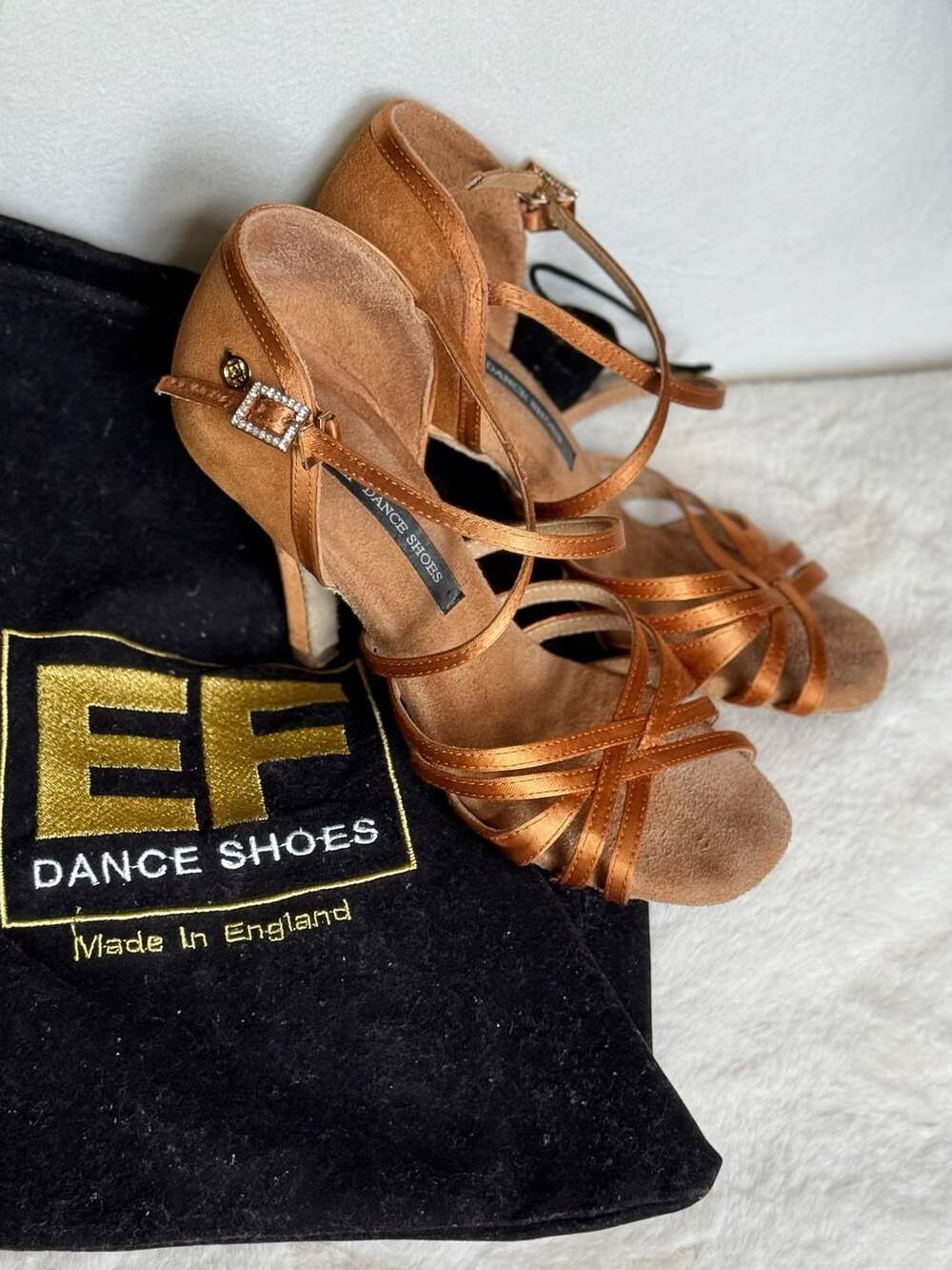 EF Dance Shoes Size 35 Tan Satin/Suede Latin Ballroom Heels 3.5” heel